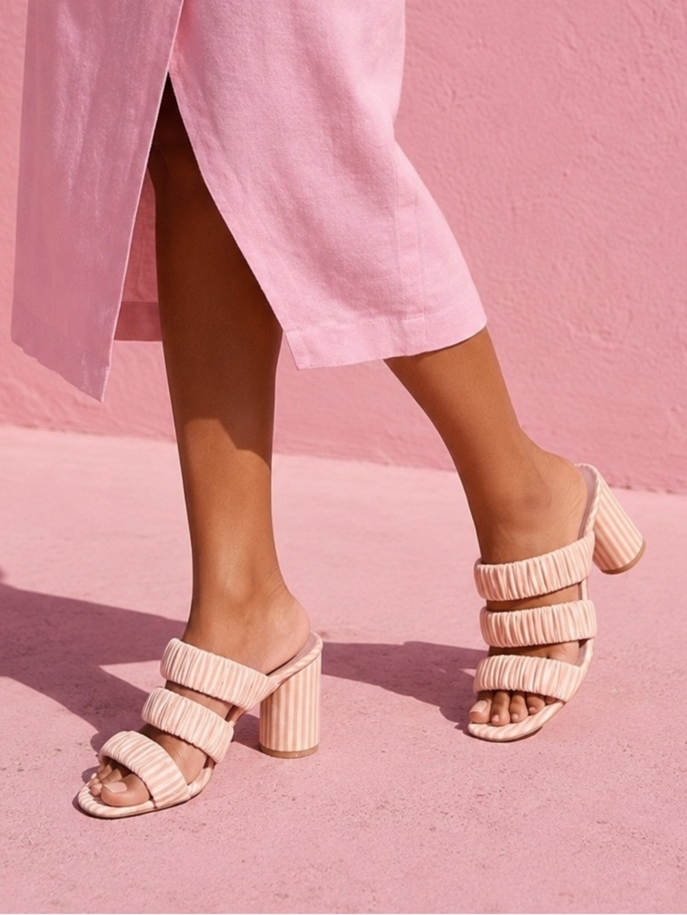 Deltan Blush Pink Ruched Triple Strap Block Heel Mule Sandals size 7.5